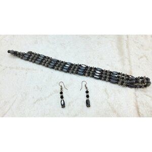 Vintage Black Magnetic Hematite Agate Beaded Necklace, Bracelet & Earring Set